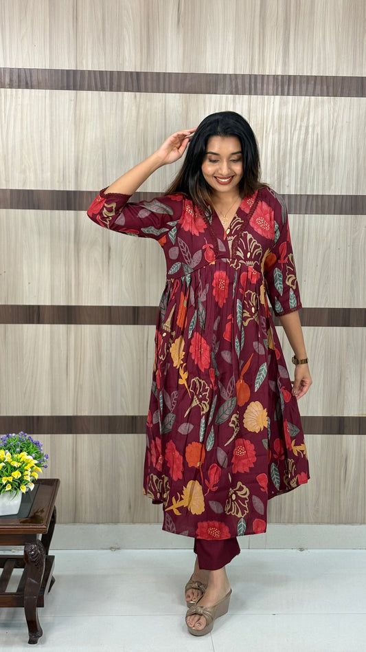 Premium Berlin Silk Alia Cut Coord Set with Lace Detailing – LB0018