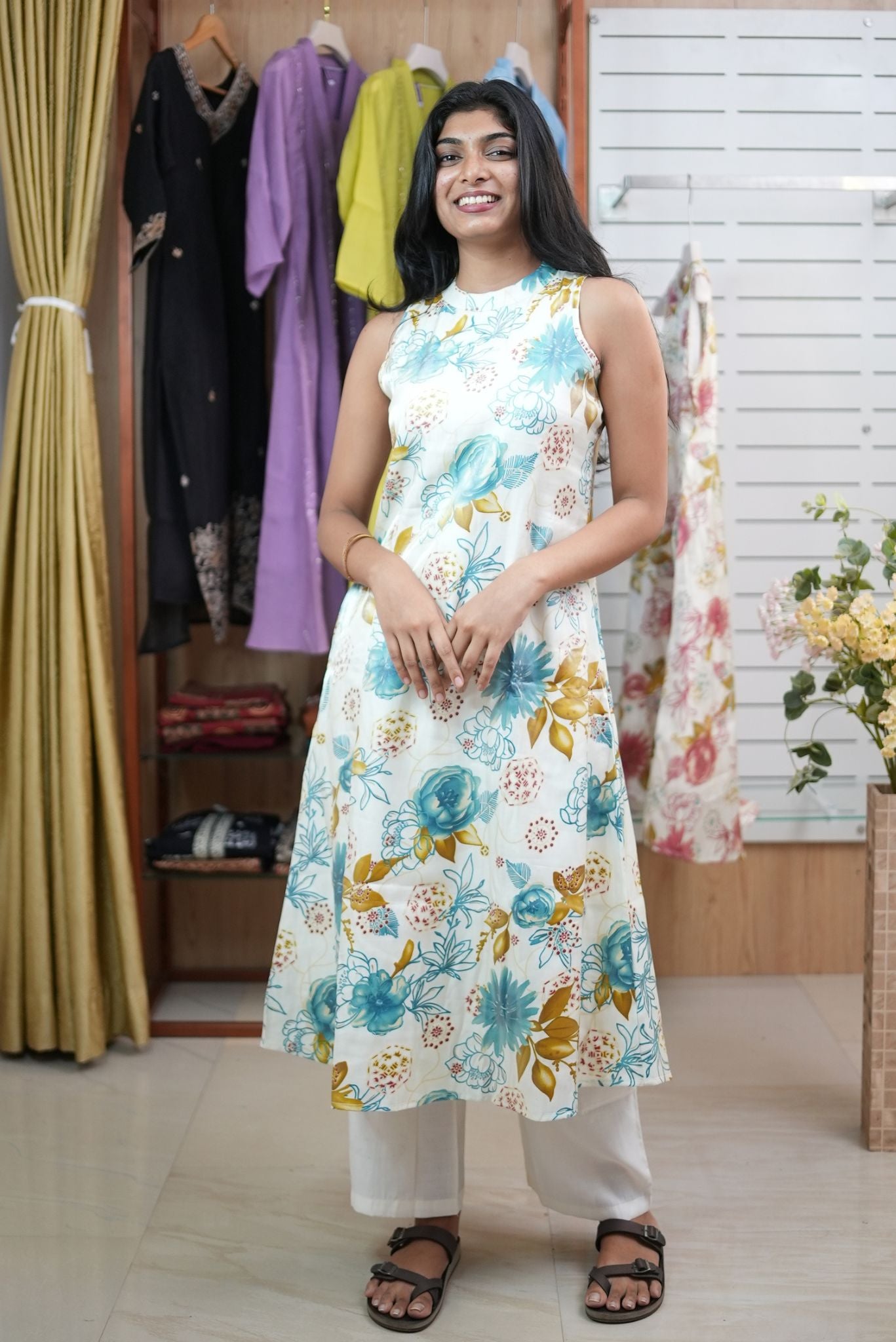 Women Glass Silk Coord Set | Floral Digital Print with Golden Foil | Sleeveless & Daily Wear - LB0027