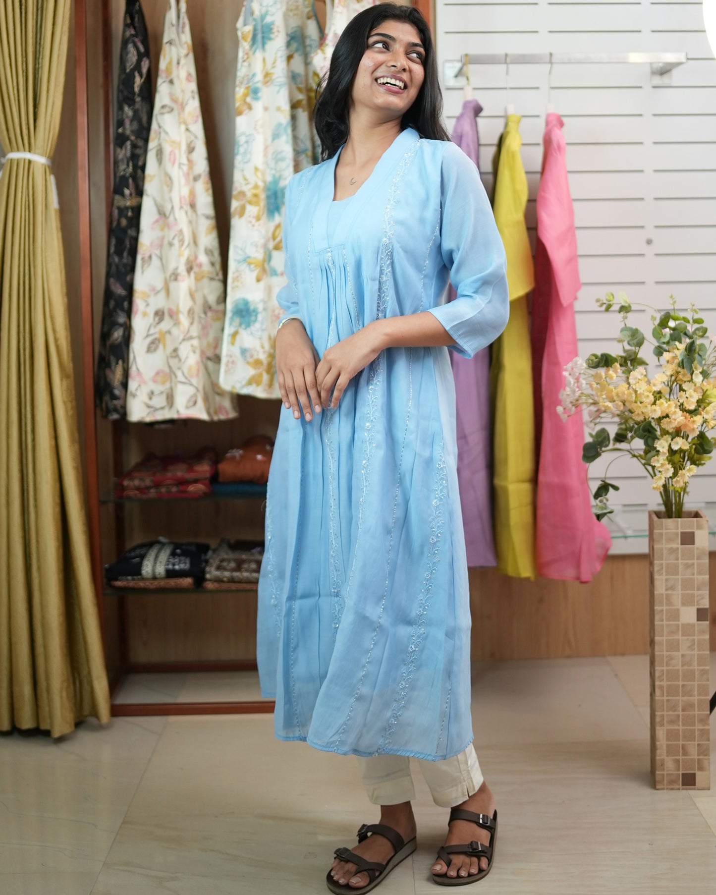 A-Line Kurti in Mul Chanderi | Floral Embroidery & Bead Work | Pastel Ethnic Wear