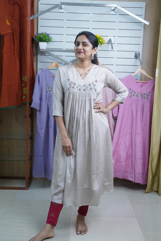 A-Line Flared Kurti in Silk with Beads Work | Casual & Office Wear-LB0023