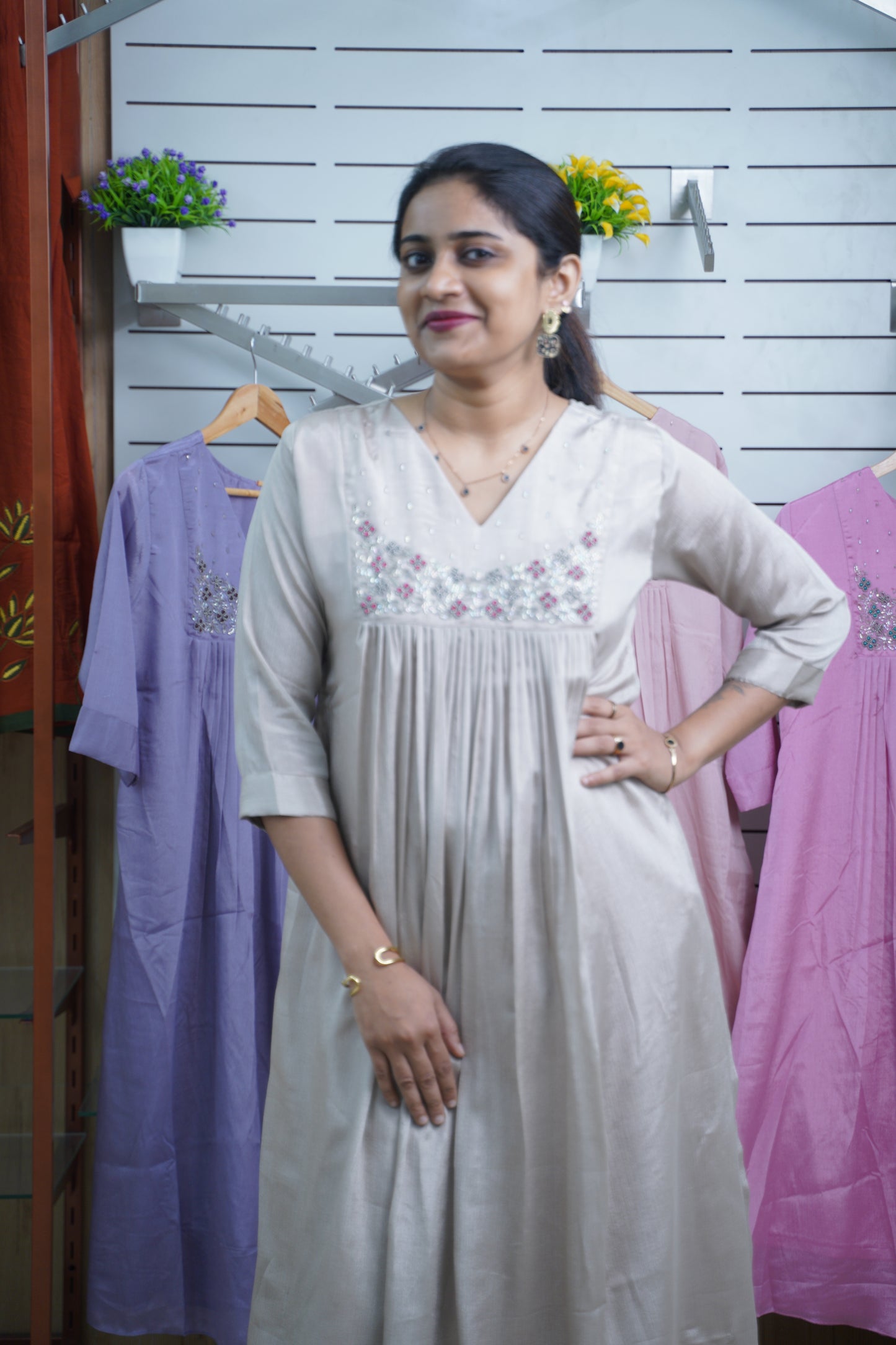 A-Line Flared Kurti in Silk with Beads Work | Casual & Office Wear-LB0023