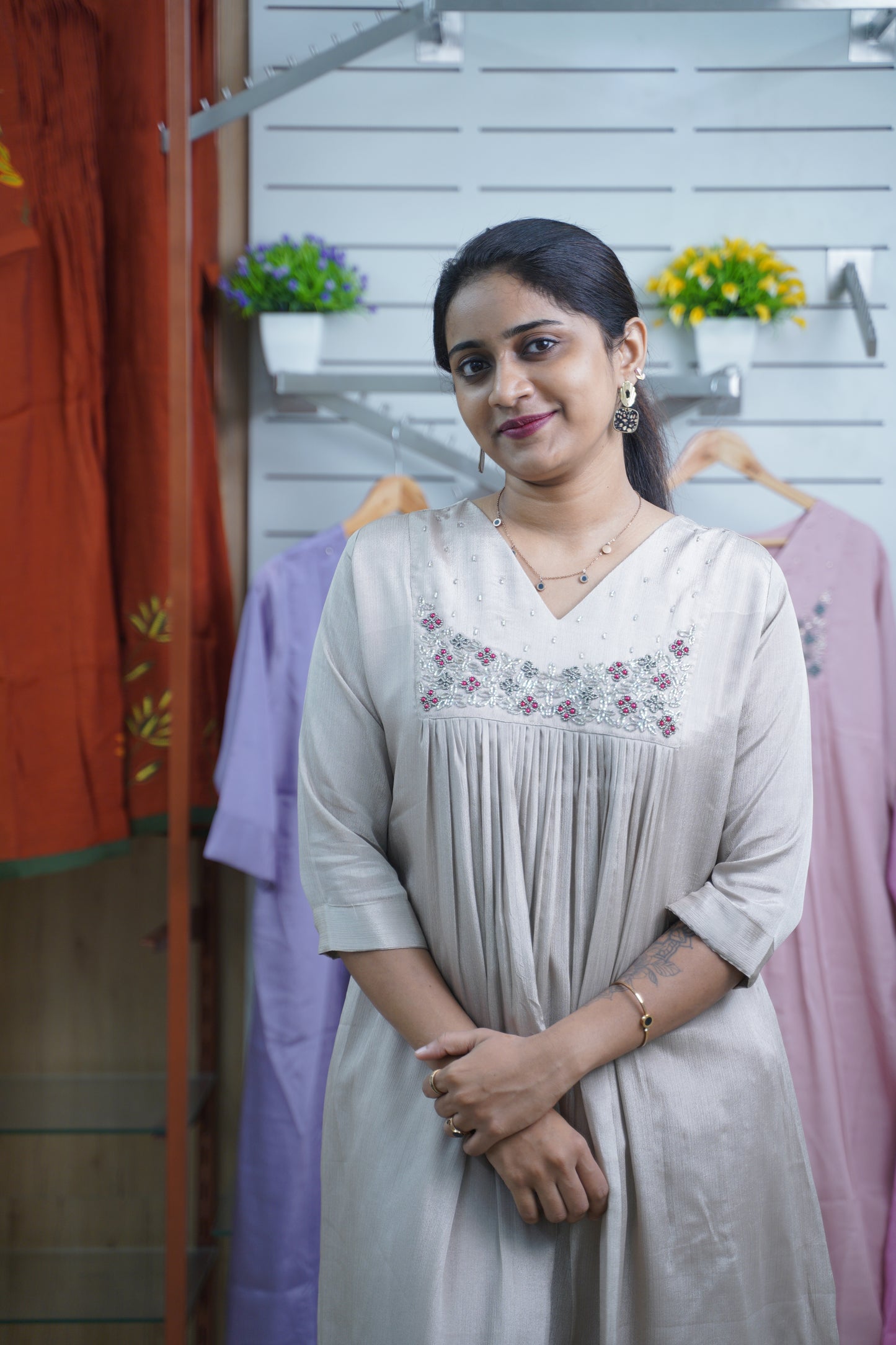 A-Line Flared Kurti in Silk with Beads Work | Casual & Office Wear-LB0023