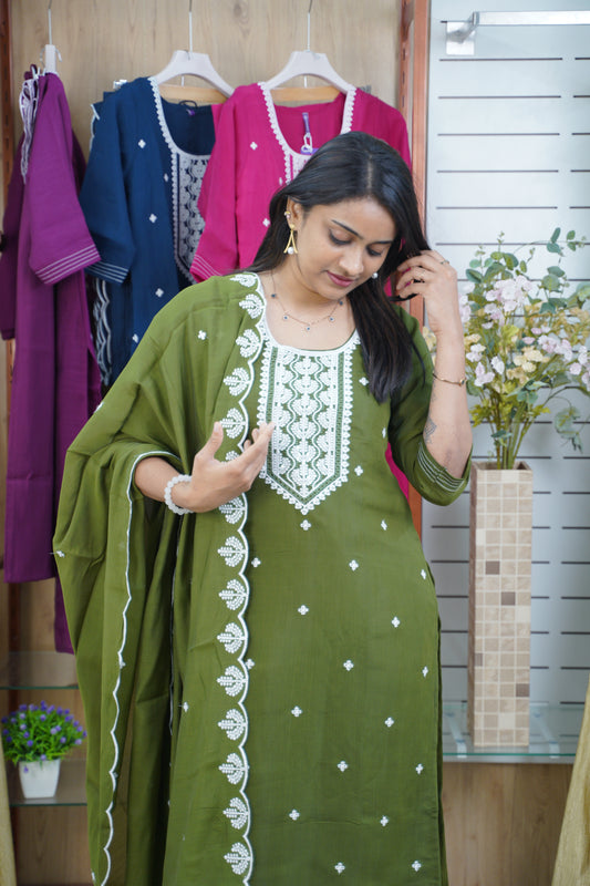 Straight Cut Kurti Set in Mul Chanderi with Embroidery & Scalloped Dupatta | Office & Casual Wear-LB0026