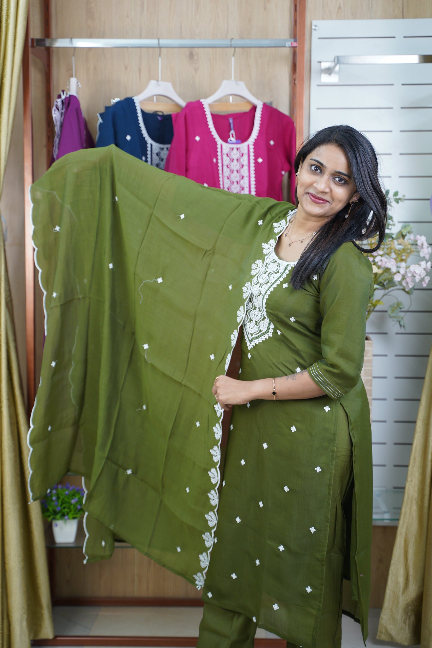 Straight Cut Kurti Set in Mul Chanderi with Embroidery & Scalloped Dupatta | Office & Casual Wear-LB0026