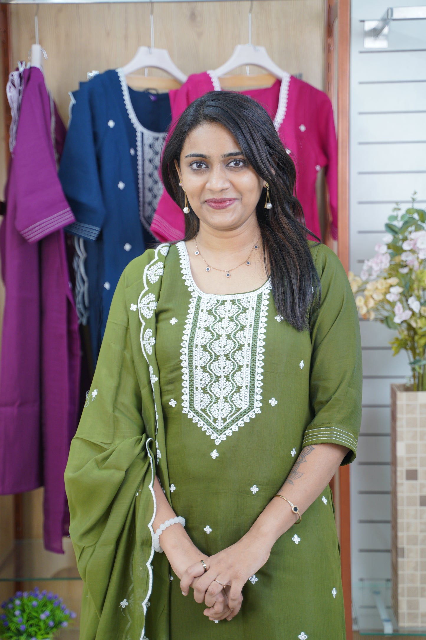 Straight Cut Kurti Set in Mul Chanderi with Embroidery & Scalloped Dupatta | Office & Casual Wear-LB0026