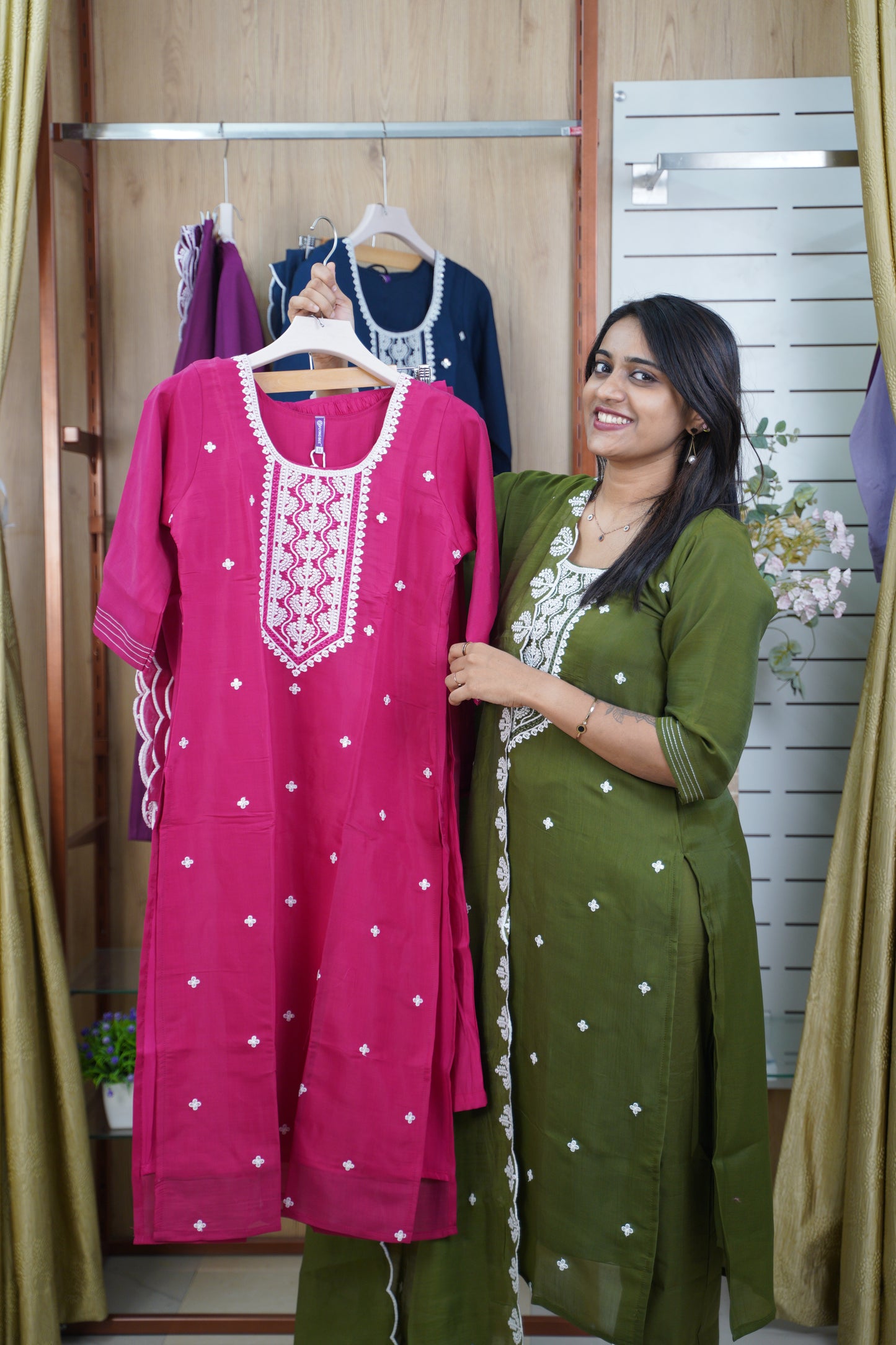 Straight Cut Kurti Set in Mul Chanderi with Embroidery & Scalloped Dupatta | Office & Casual Wear-LB0026