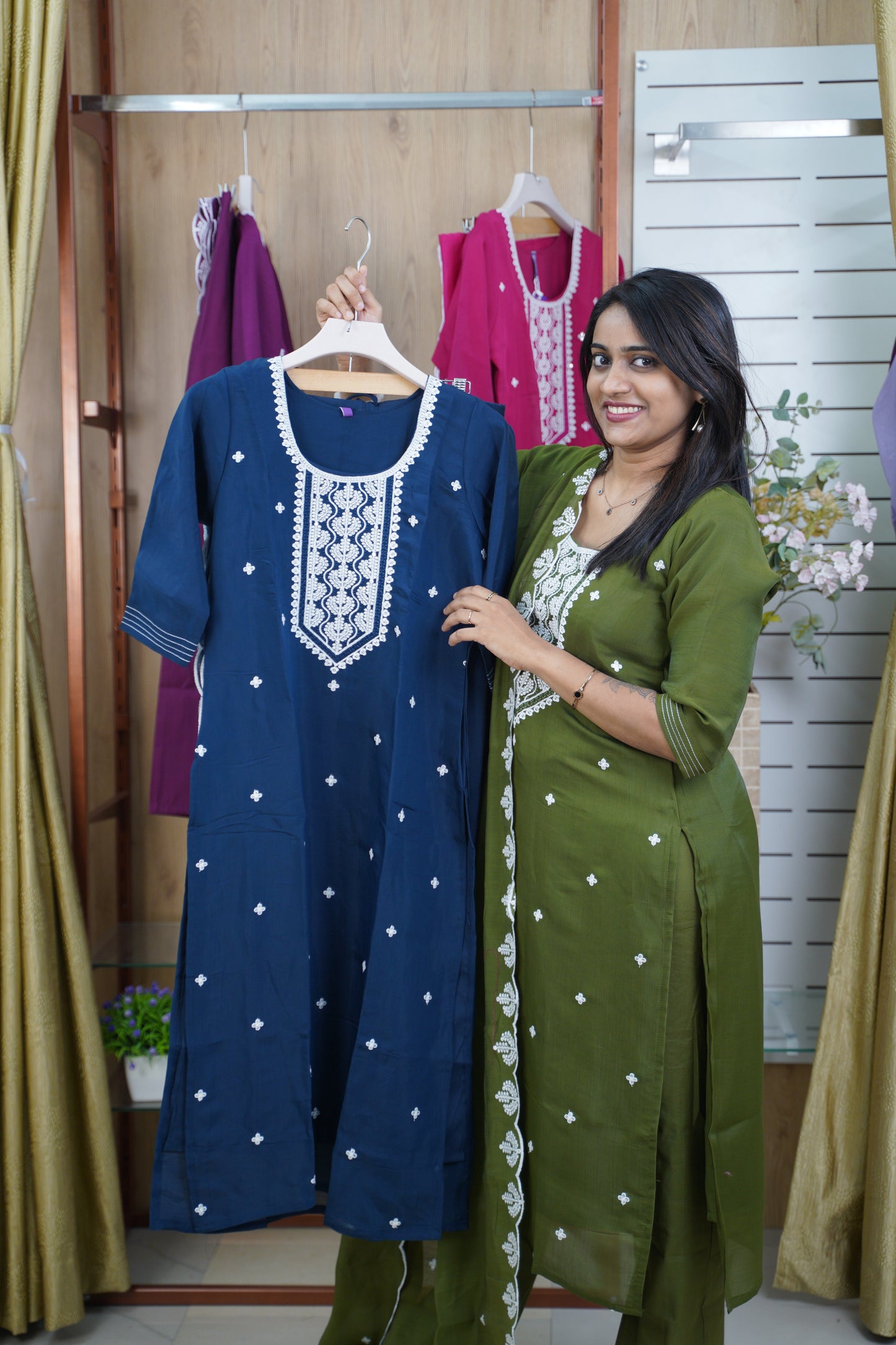 Straight Cut Kurti Set in Mul Chanderi with Embroidery & Scalloped Dupatta | Office & Casual Wear-LB0026