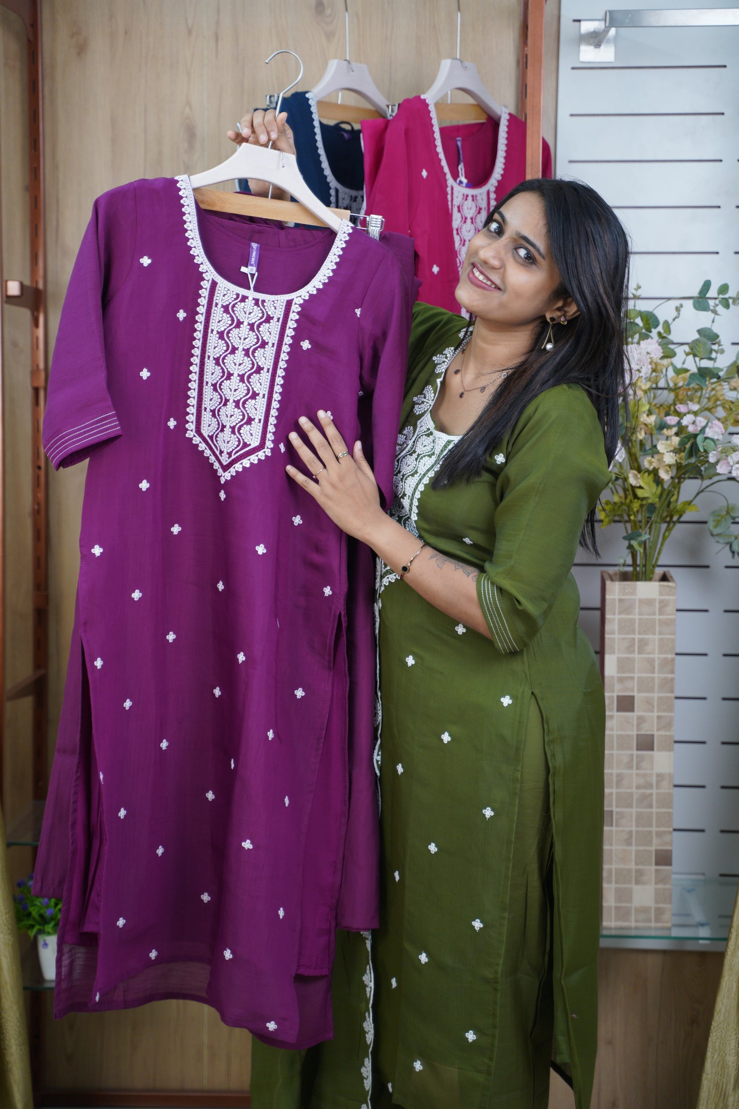 Straight Cut Kurti Set in Mul Chanderi with Embroidery & Scalloped Dupatta | Office & Casual Wear-LB0026