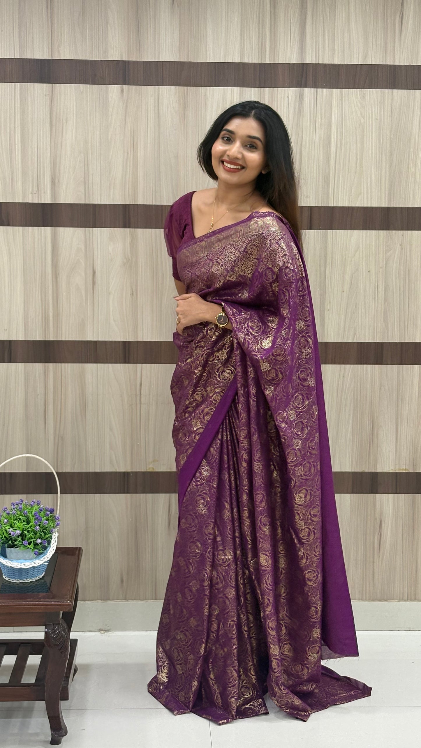 Badri Silk Saree with Foil Butta Work & Banarasi Foil Print Border – LB0013