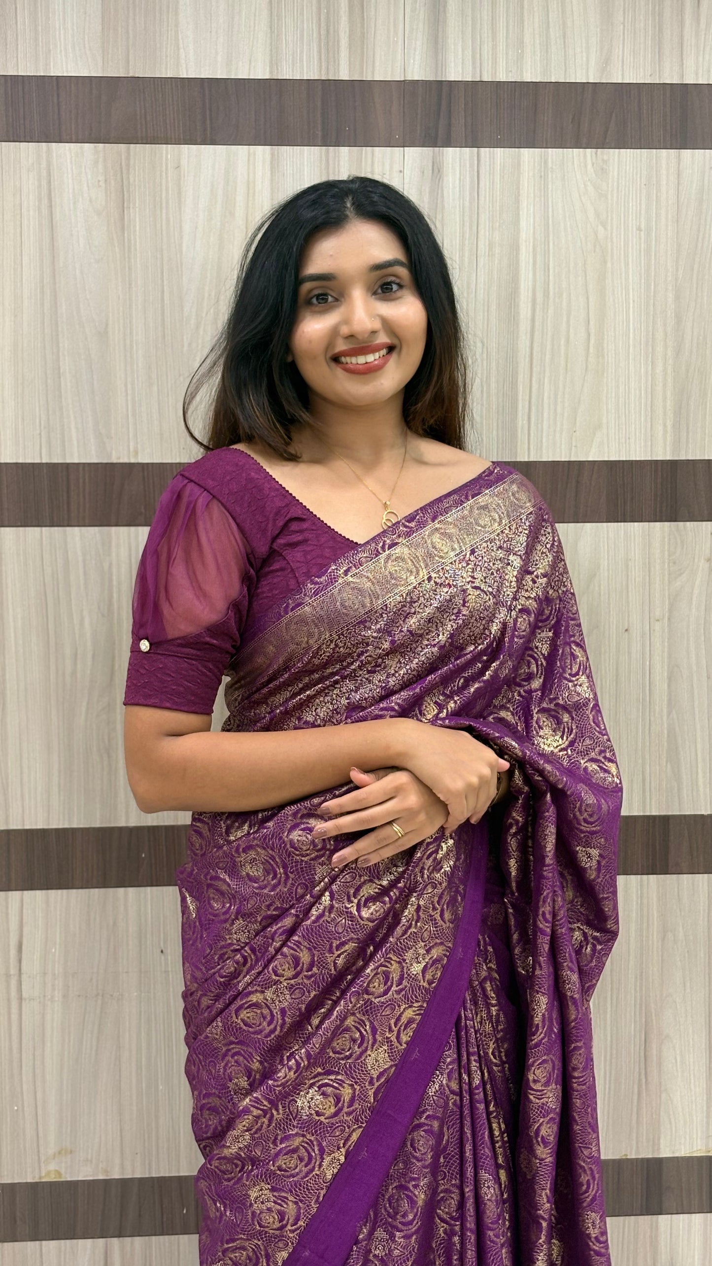 Badri Silk Saree with Foil Butta Work & Banarasi Foil Print Border – LB0013