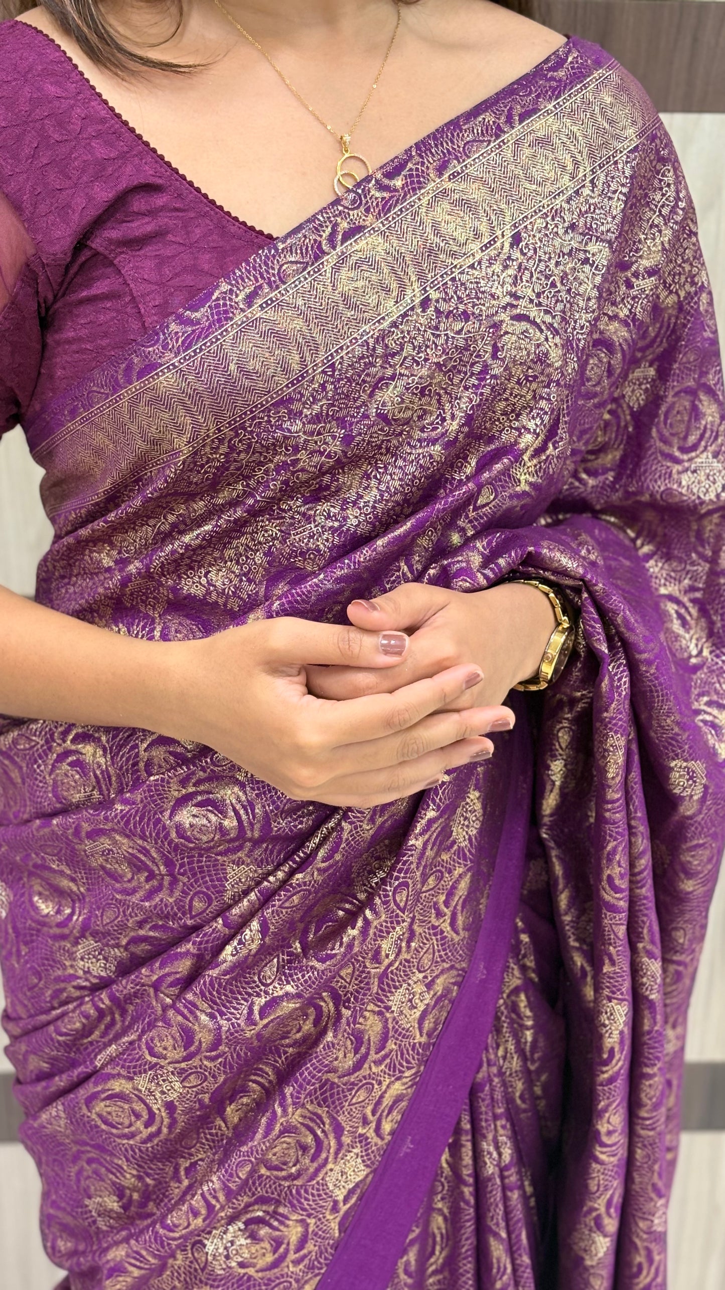 Badri Silk Saree with Foil Butta Work & Banarasi Foil Print Border – LB0013