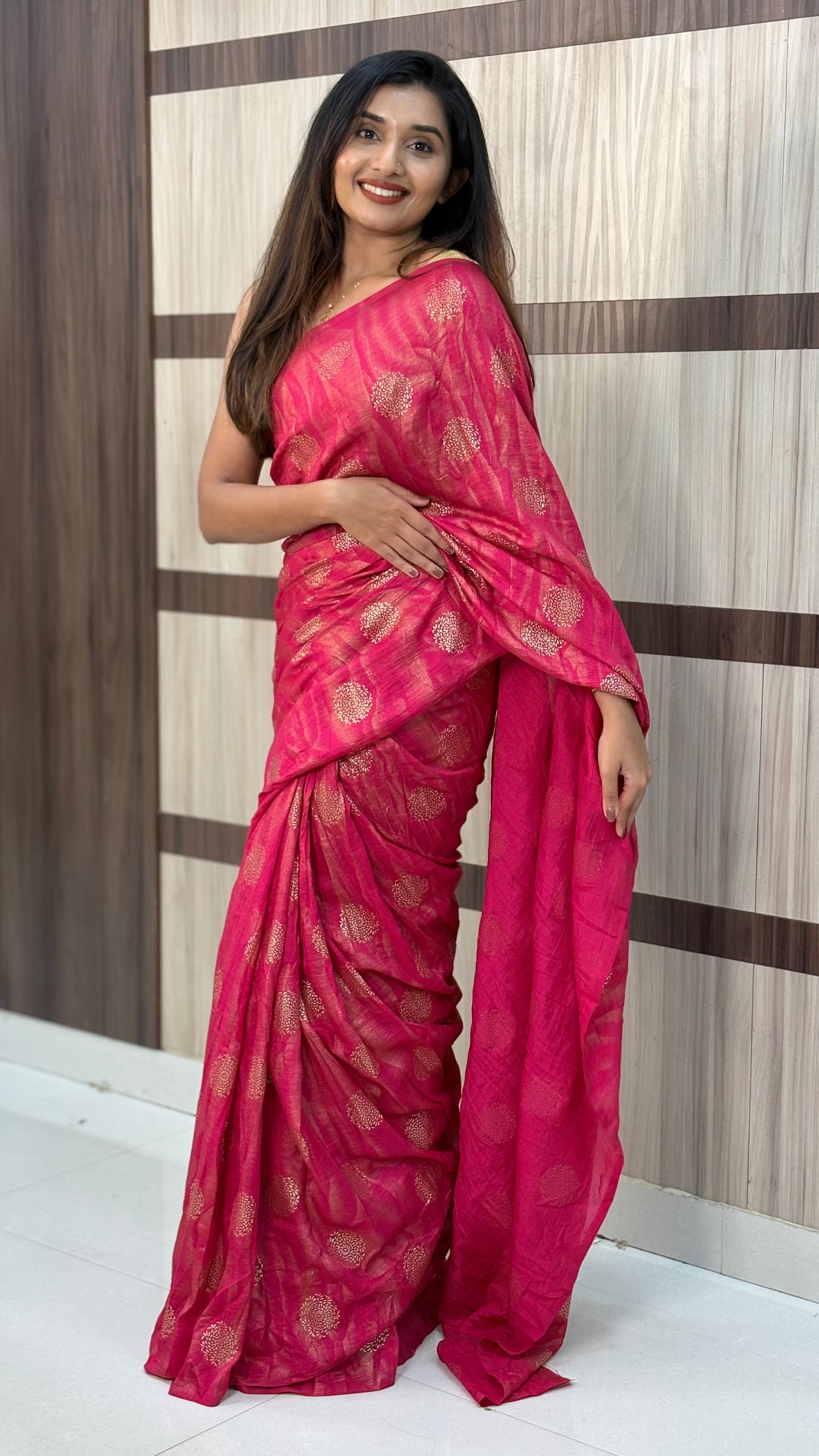 pink shimmer silk saree with golden foil butta design