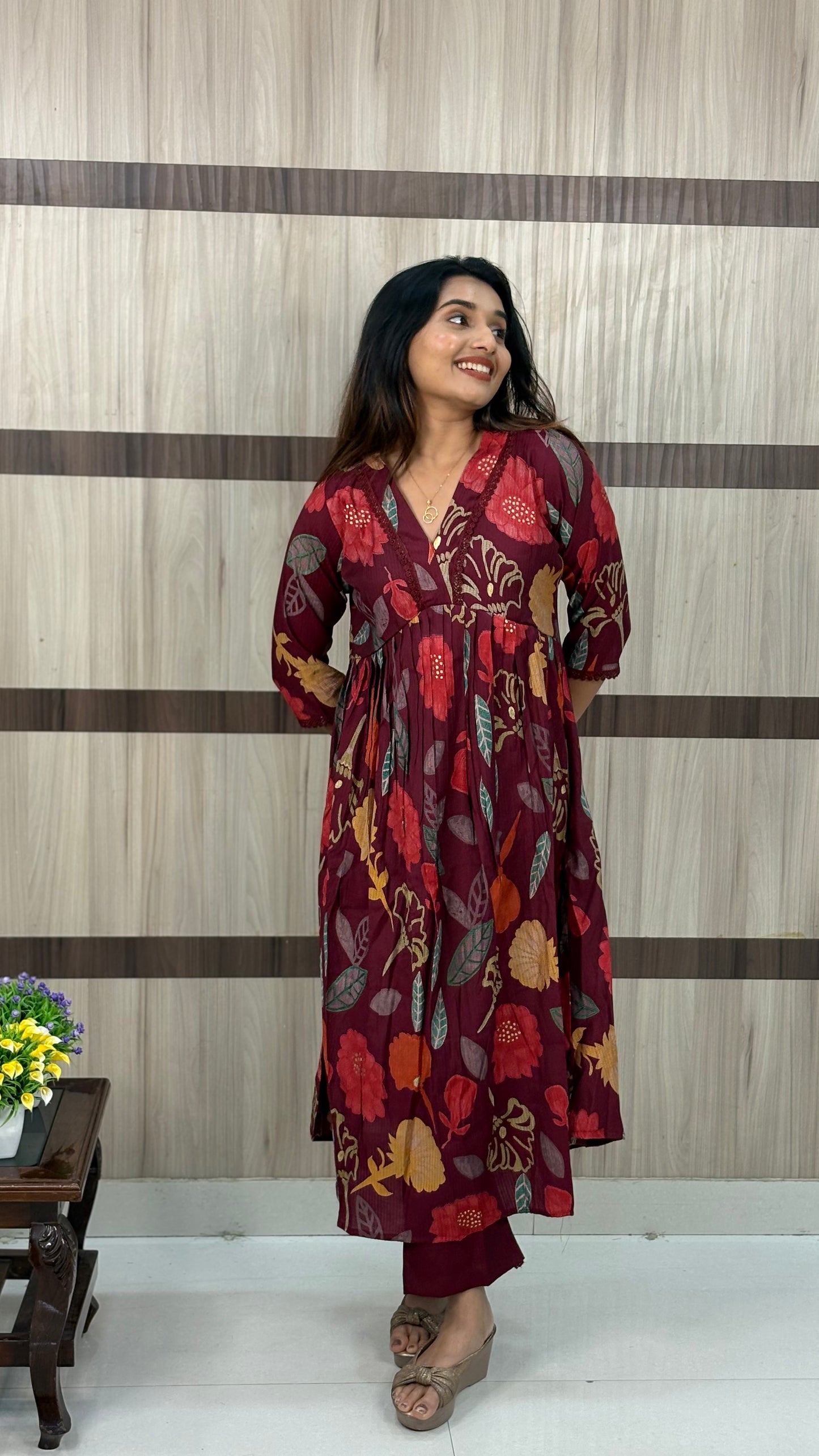 Premium Berlin Silk Alia Cut Coord Set with Lace Detailing – LB0018