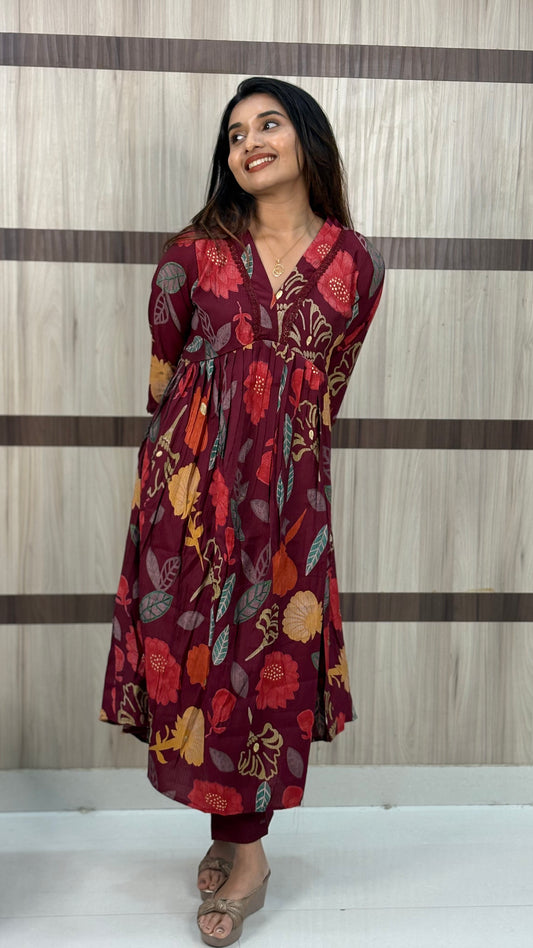 Premium Berlin Silk Alia Cut Coord Set with Lace Detailing – LB0018