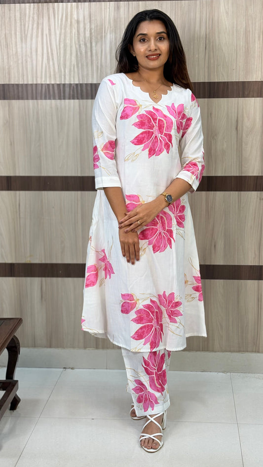 White Vertican Silk Floral Coord Set with Semi-Palazzo – LB0019